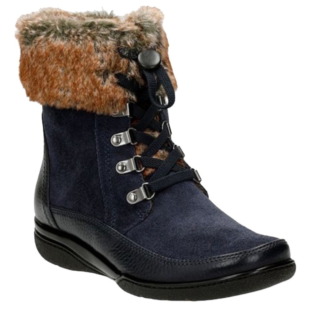 Clarks Black Kearns Ramsey Leather Faux Fur Trim Boot Black SZ 6.5